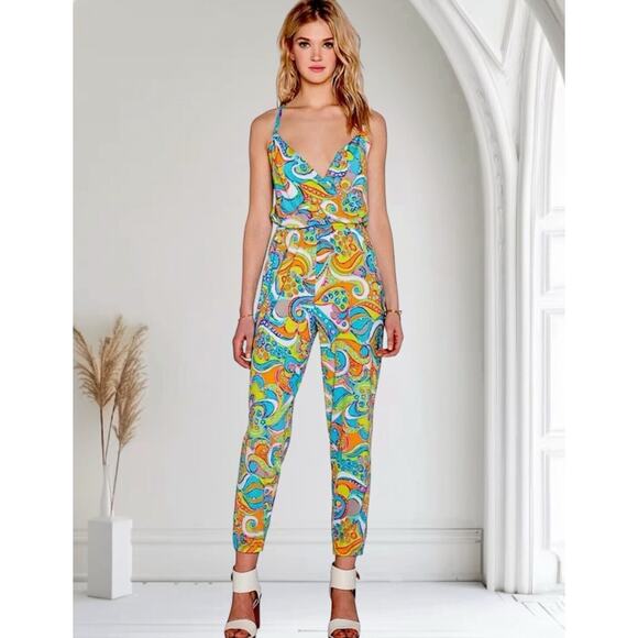 Trina Turk Cosmos Jumpsuit Womens XS CoverUp Vibrant Funky Colorful Green Aqua - Picture 1 of 10